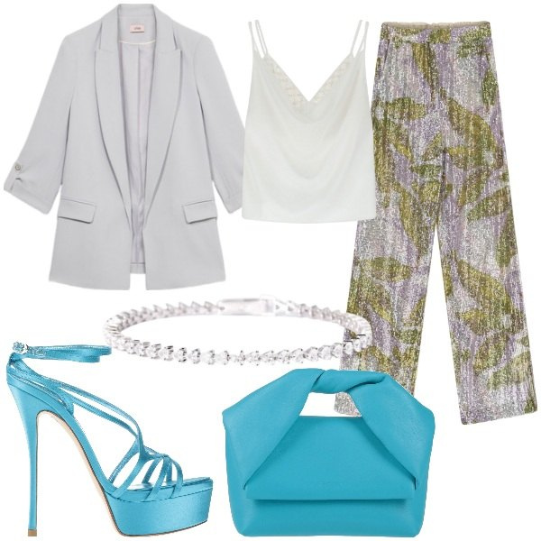 Outfit donna - L\'eleganza del tailleur. Stile Glamour per Cerimonia. Abbinamento con borse a mano, sandali in pelle, braccialetti, canottiere, pantaloni a palazzo, blazer.