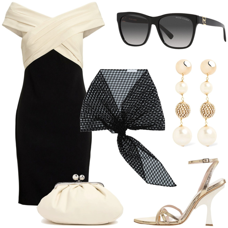 Outfit donna - La Madre dello Sposo. Stile Chic per Cerimonia. Abbinamento con sciarpe, sandali col tacco, occhiali da sole, vestiti a tubino, orecchini, pochette.