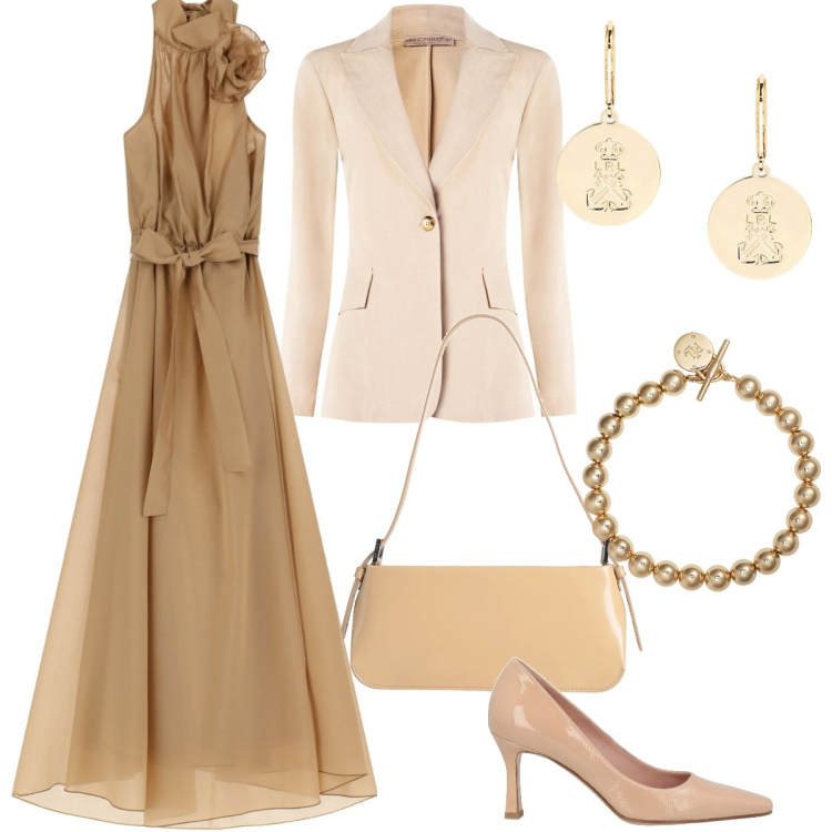 Outfit donna - Romantica chic. Stile Romantica per Cerimonia. Abbinamento con borse a spalla, décolleté, vestiti lunghi, blazer, braccialetti, orecchini.