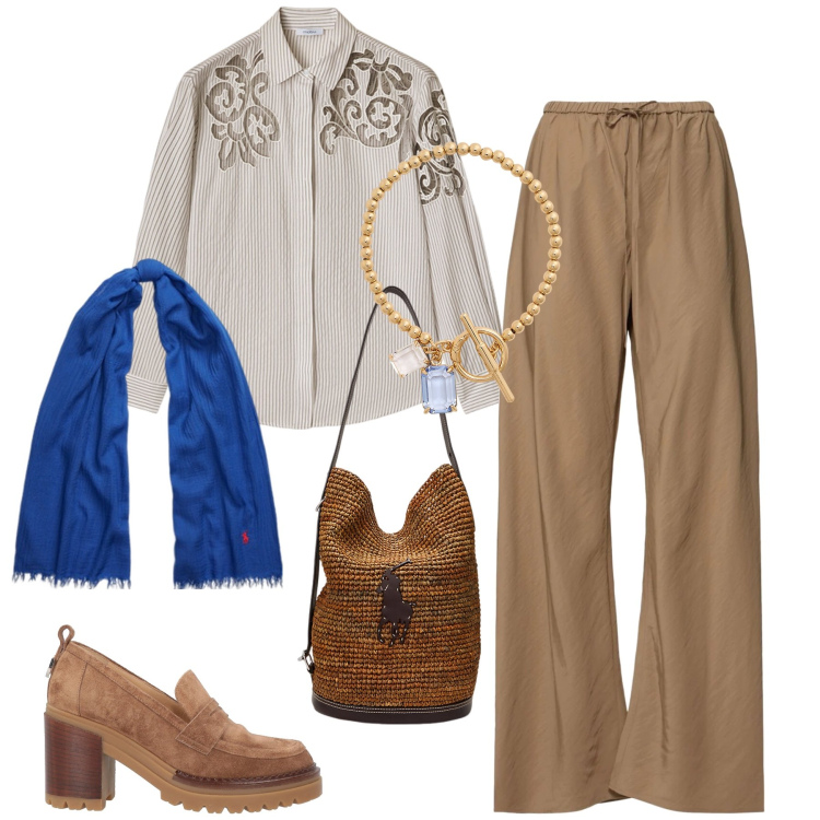 Outfit donna - A colloquio. Stile Bon Ton per Ufficio. Abbinamento con mocassini, braccialetti, sciarpe, borse a mano, camicie, pantaloni.