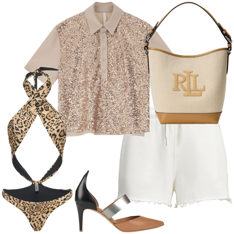 Outfit donna - Spiaggia aperitivo e serata. Stile Glamour per Mare. Abbinamento con décolleté, polo, shorts, borse a secchiello, costumi interi.