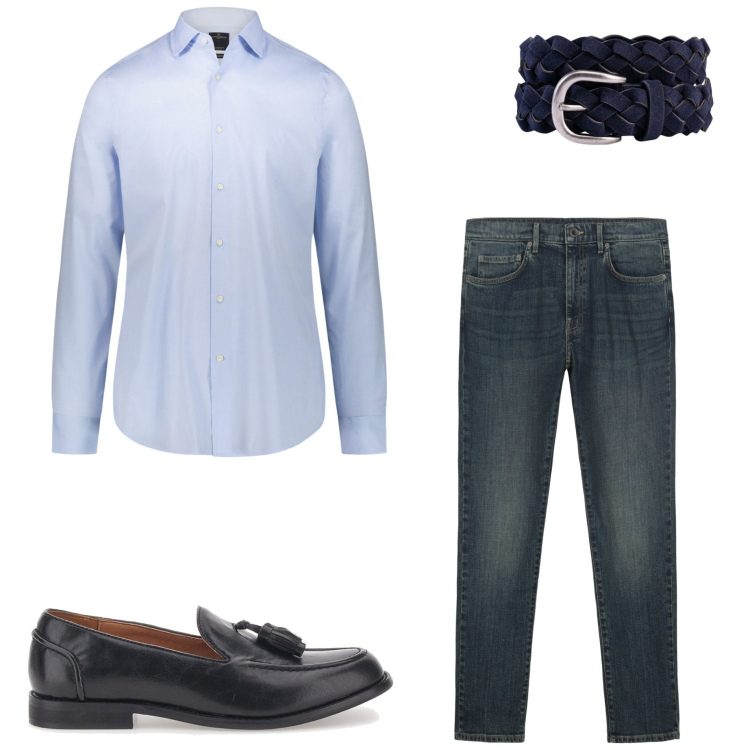 Outfit uomo - In ufficio con i jeans. Stile Casual per Ufficio. Abbinamento con camicie, cinture, scarpe stringate, jeans.