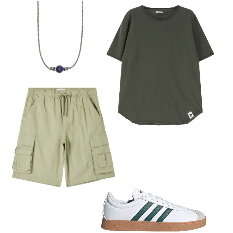 Outfit uomo - Bermuda cargo. Stile Casual per Tutti i giorni. Abbinamento con pantaloni corti, collane, t-shirt, sneakers.