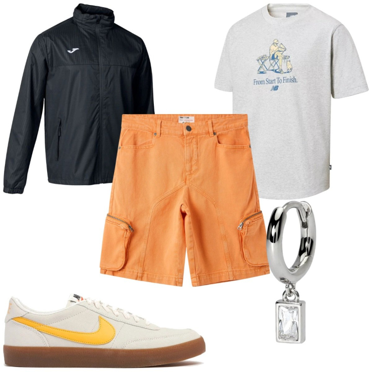 Outfit uomo - Total look #2125640. Stile Trendy per Tutti i giorni. Abbinamento con pantaloni corti, orecchini, t-shirt, giacche, sneakers.