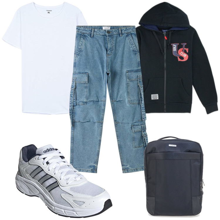 Outfit uomo - Total look #2125641. Stile Trendy per Tutti i giorni. Abbinamento con jeans, t-shirt, felpe con cappuccio, borse sportive, sneakers.