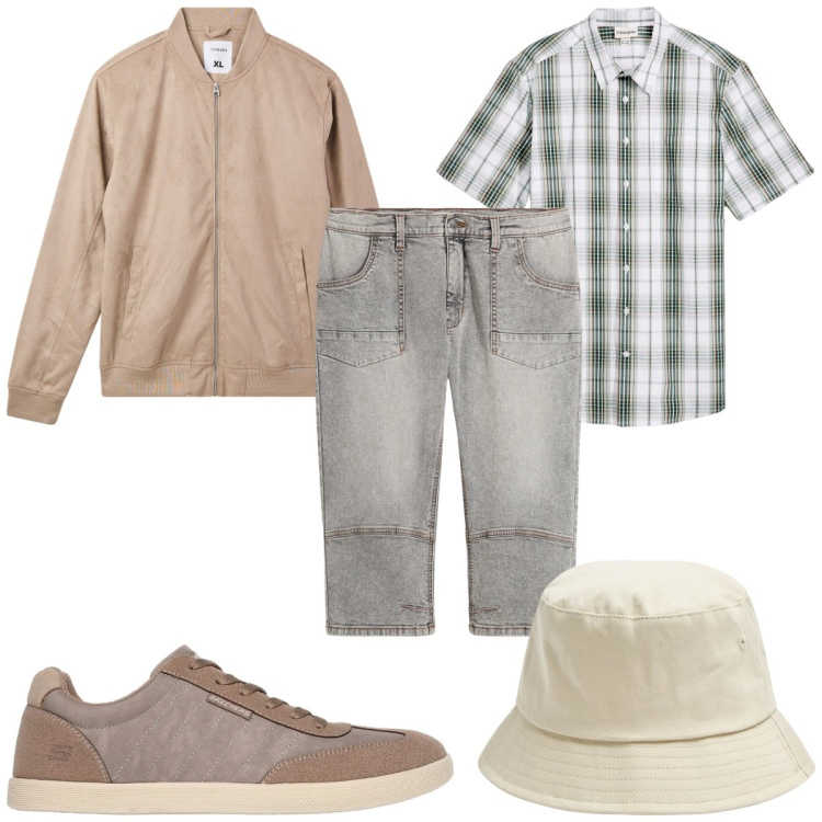 Outfit uomo - Total look #2125648. Stile Trendy per Tutti i giorni. Abbinamento con jeans dritti, camicie a manica corta, cappelli, bomber, scarpe stringate.