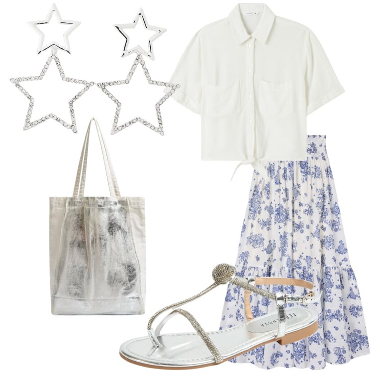 Outfit donna - Terranova Total look. Stile Vintage retrò per Tutti i giorni. Abbinamento con gonne lunghe, orecchini, camicie a manica corta, shopping bag, ciabatte.