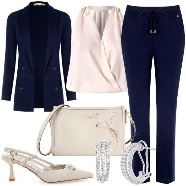 Outfit donna - L\'eleganza del tailleur Curvy. Stile Glamour per Cerimonia. Abbinamento con orecchini, top, pantaloni, blazer, décolleté, borse a tracolla.