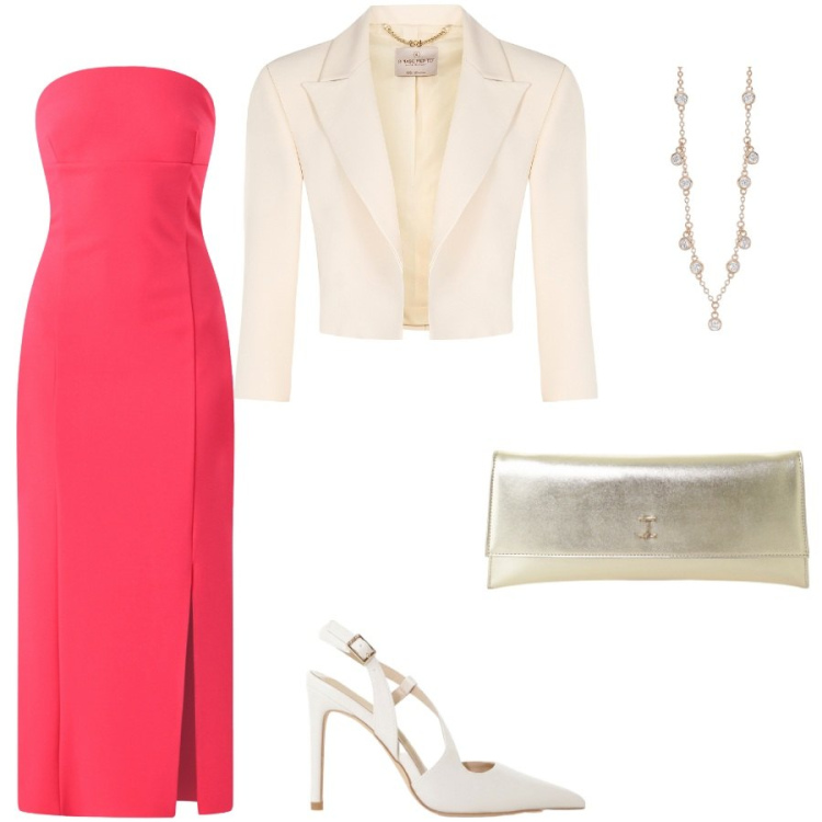 Outfit donna - Tubino rosso fragola. Stile Chic per Cerimonia. Abbinamento con vestiti midi/longuette, bolero, collane, décolleté, pochette.
