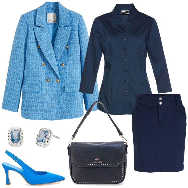 Outfit donna - In città. Stile Chic per Tutti i giorni. Abbinamento con camicie, minigonne, blazer, orecchini, décolleté, borse a tracolla.