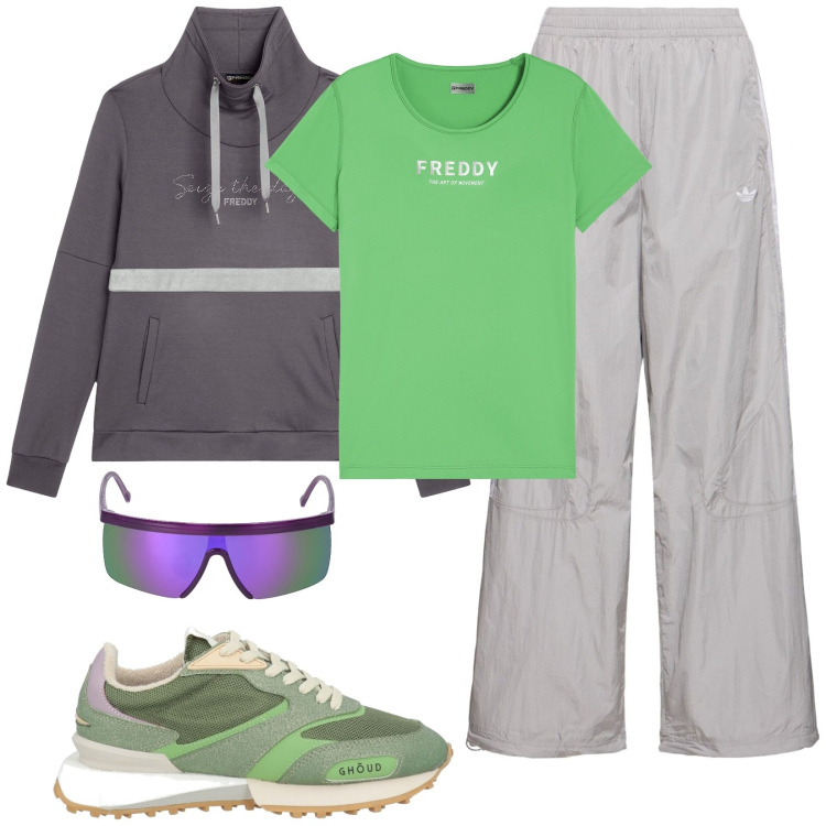 Outfit donna - Passeggiata in montagna. Stile Basic per Sport. Abbinamento con sneakers, felpe, t-shirt sportive, occhiali da sole, pantaloni sportivi.