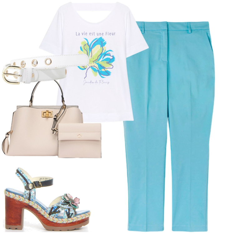 Outfit donna - City. Stile Urban per Tutti i giorni. Abbinamento con cinture, t-shirt, sandali col tacco, borse a mano, pantaloni.