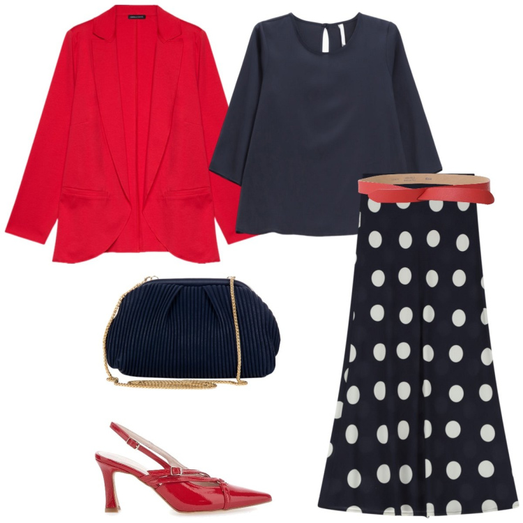Outfit donna - Pois. Stile Chic per Tutti i giorni. Abbinamento con pochette, gonne lunghe, bluse, cinture, blazer, décolleté.