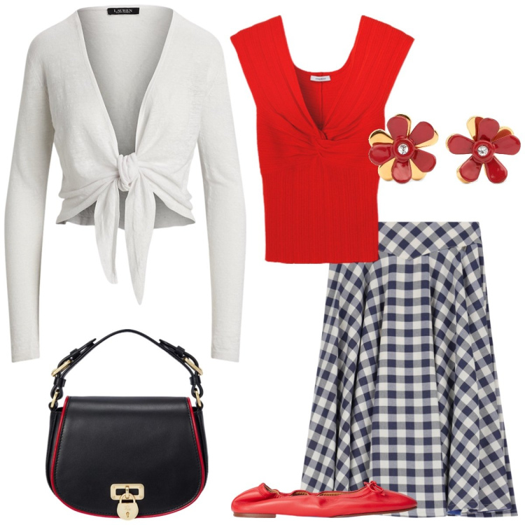 Outfit donna - Scacchi. Stile Preppy per Tutti i giorni. Abbinamento con gonne, borse a tracolla, ballerine, cardigans, orecchini, t-shirt.