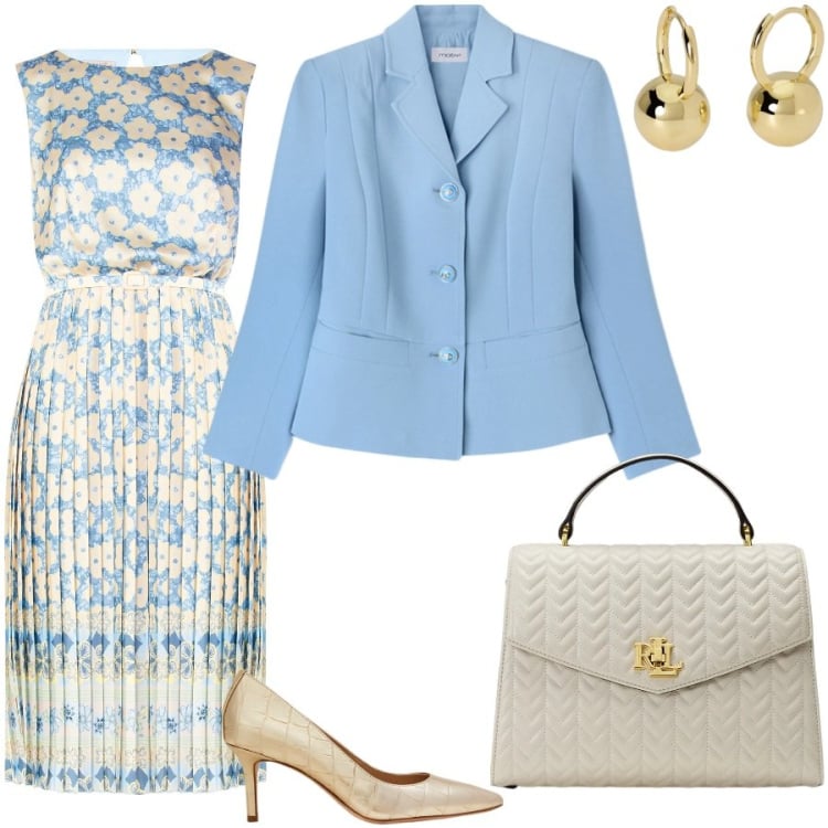Outfit donna - Fiori di primavera. Stile Bon Ton per Cerimonia. Abbinamento con orecchini, vestiti midi/longuette, borse a mano, décolleté, blazer.