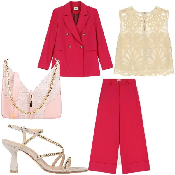 Outfit donna - L\'eleganza del tailleur Donna Curvy. Stile Glamour per Cerimonia. Abbinamento con sandali in pelle, borse a spalla, gonne longuette, top, blazer.