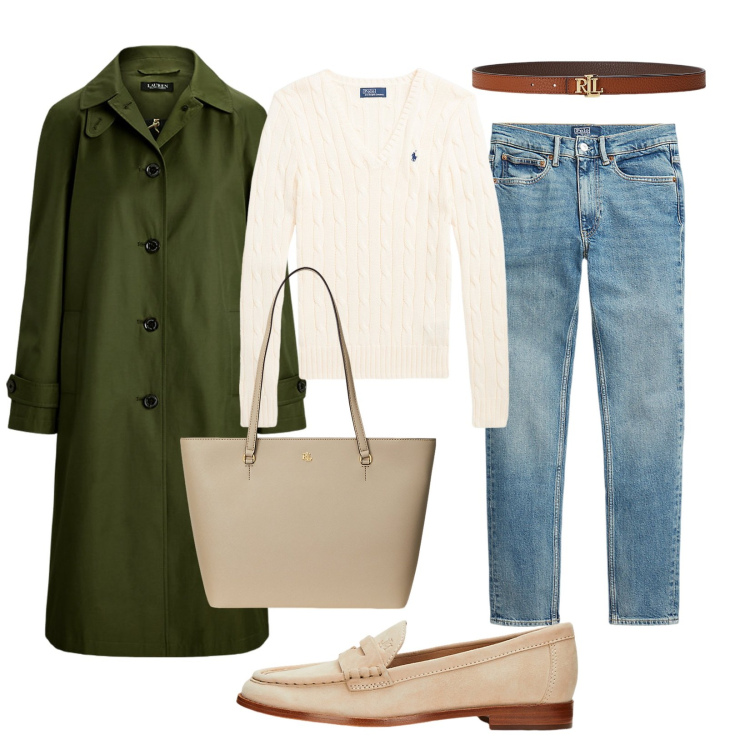 Outfit donna - Pioggia di primavera. Stile Casual chic per Ufficio. Abbinamento con cinture, borse tote, jeans slim fit, mocassini, maglieria, cappotti.