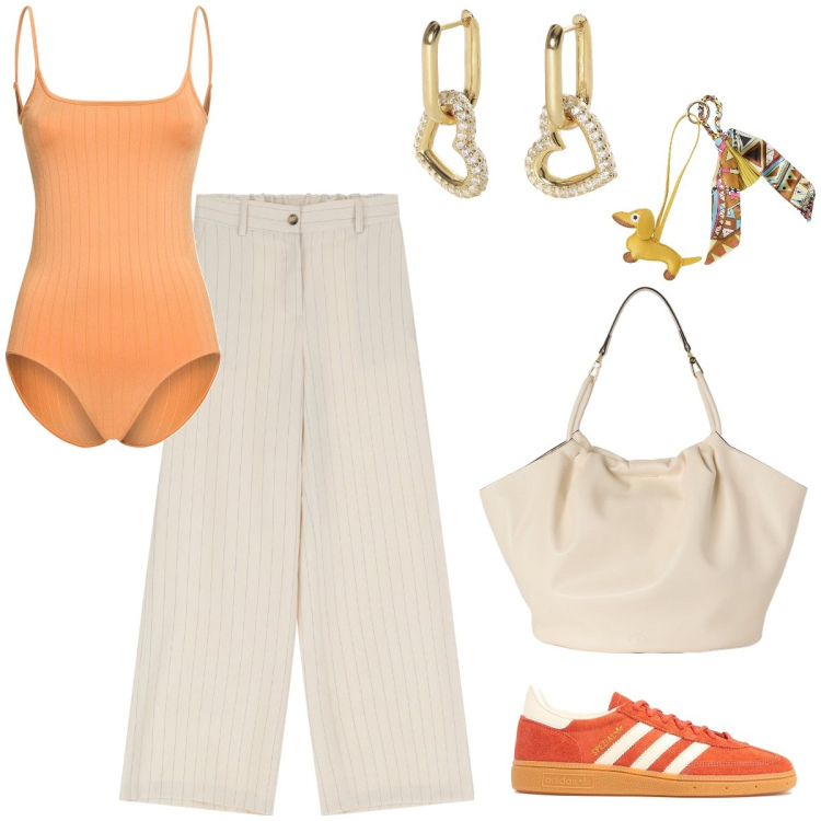 Outfit donna - beige and orange. Stile Casual chic per Tutti i giorni. Abbinamento con orecchini, pantaloni a palazzo, portachiavi, sneakers, borse a secchiello, top.