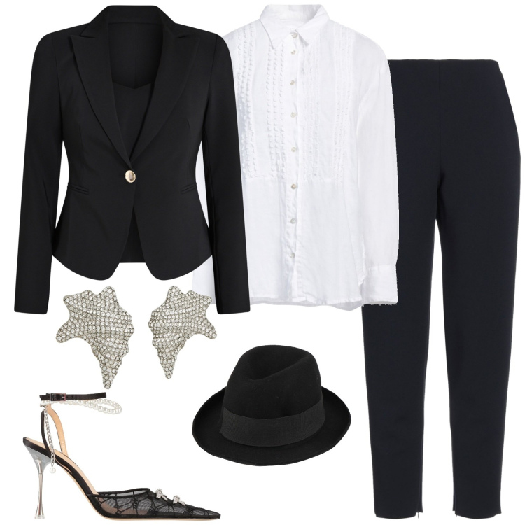 Outfit donna - MET Gala. Stile Mannish per Serata fuori. Abbinamento con cappelli, orecchini, pantaloni, camicie, décolleté, blazer.