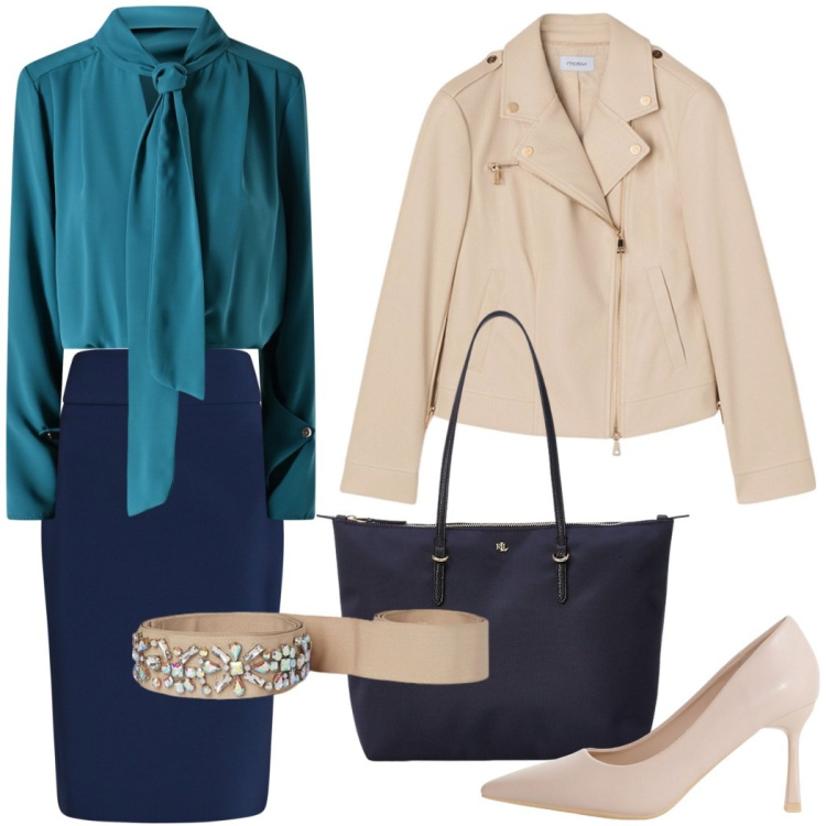 Outfit donna - Pranzo di lavoro. Stile Casual chic per Tutti i giorni. Abbinamento con gonne, bluse, décolleté, borse tote, cinture, blazer.