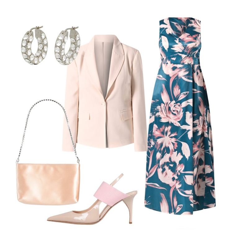 Outfit donna - Cerimonia di maggio. Stile Chic per Cerimonia. Abbinamento con décolleté, borse a mano, orecchini, vestiti lunghi, blazer.