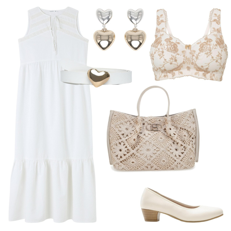 Outfit donna - Romantika. Stile Romantica per Tutti i giorni. Abbinamento con décolleté, reggiseni, vestiti, cinture, orecchini, borse a tracolla.