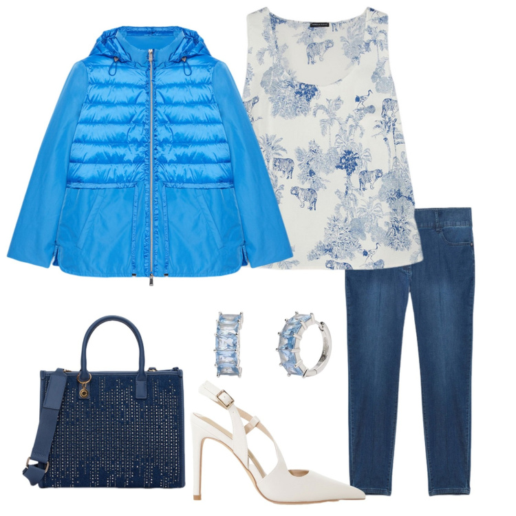 Outfit donna - Casual. Stile Casual chic per Tutti i giorni. look ideale per Tall. Abbinamento con orecchini, décolleté, piumini, top, jeans skinny, borse a mano.