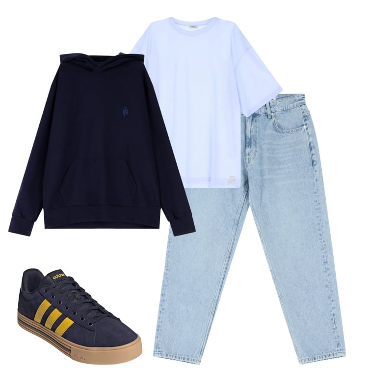 Outfit uomo - City. Stile Casual per Tutti i giorni. Abbinamento con t-shirt, felpe con cappuccio, jeans, sneakers.