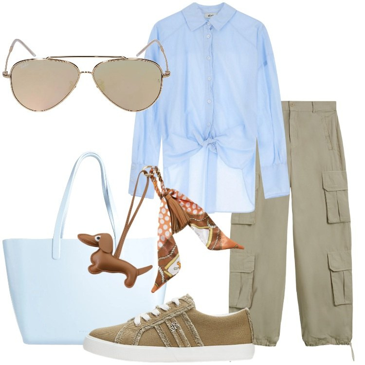 Outfit donna - Contrasti. Stile Urban per Tutti i giorni. Abbinamento con borse a spalla, pantaloni cargo, portachiavi, camicie, sneakers, occhiali da sole.