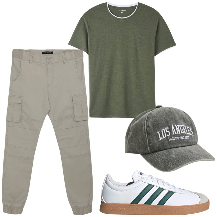 Outfit uomo - Total look #2125747. Stile Casual per Tutti i giorni. Abbinamento con t-shirt, pantaloni cargo, cappelli, sneakers.