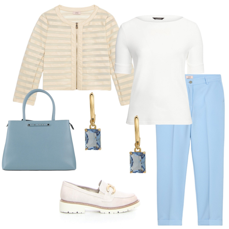 Outfit donna - Total look #2125748. Stile Chic per Tutti i giorni. Abbinamento con borse a mano, top, orecchini, mocassini, blazer, pantaloni.