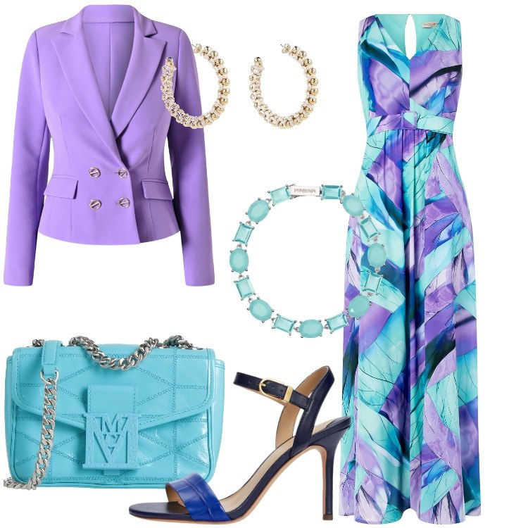 Outfit donna - Cerimonia colorata. Stile Chic per Cerimonia. Abbinamento con borse a tracolla, braccialetti, vestiti lunghi, blazer, sandali in pelle, orecchini.