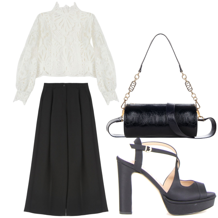Outfit donna - Comunione di Rachele. Stile Chic per Cerimonia. Abbinamento con borse a mano, pantaloni a palazzo, sandali col tacco, bluse.