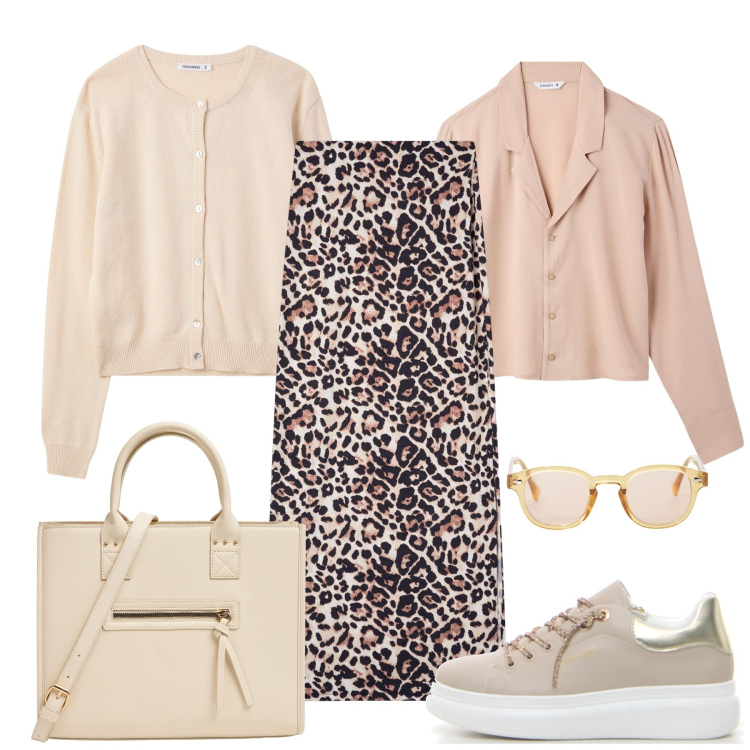 Outfit donna - La gonna animalier. Stile Casual chic per Tutti i giorni. Abbinamento con camicie, gonne lunghe, cardigans, shopping bag, occhiali da sole, sneakers.