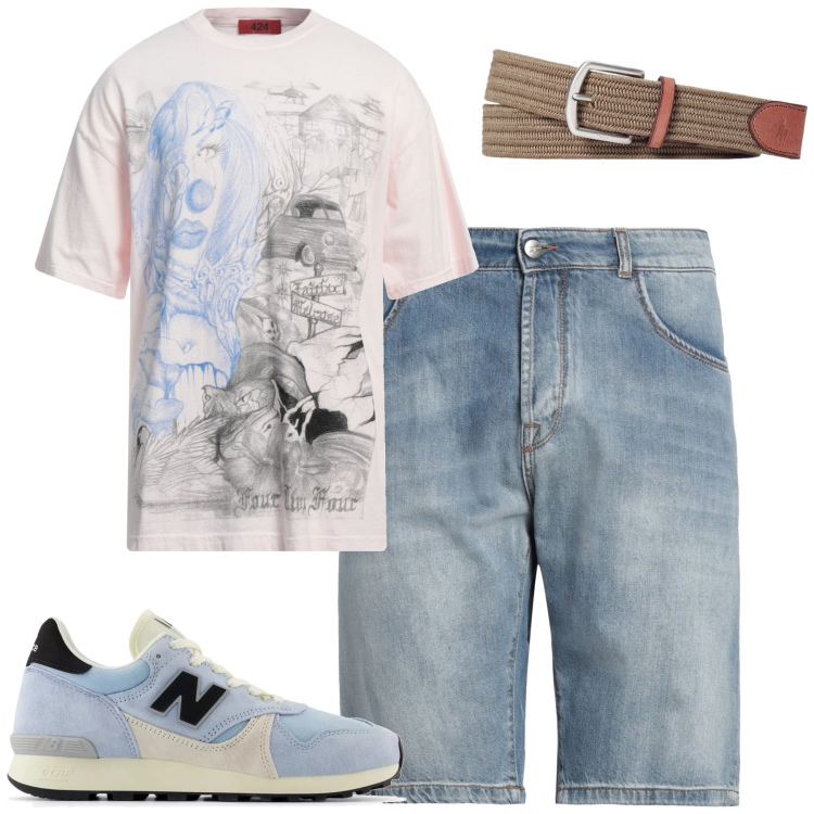 Outfit uomo - Weekend. Stile Casual per Tutti i giorni. Abbinamento con shorts, t-shirt, sneakers, cinture.