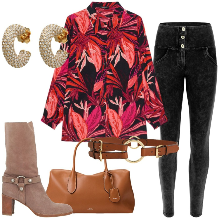 Outfit donna - Camicia fantasia e stivaletti. Stile Casual chic per Ufficio. Abbinamento con orecchini, stivaletti, pantaloni skinny, borse a mano, cinture, camicie.