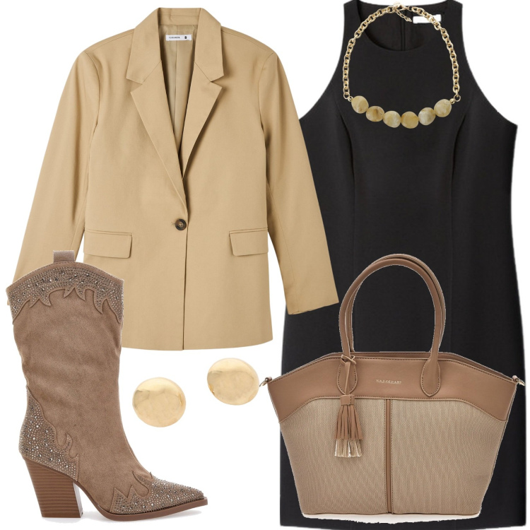 Outfit donna - Il tubino e lo stivaletto camperos. Stile Casual per Tutti i giorni. Abbinamento con blazer, orecchini, collane, stivali, vestiti corti, borse tote.
