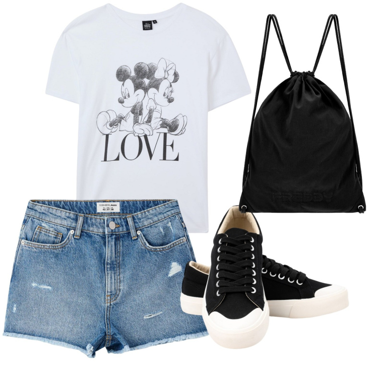 Outfit donna - La t-shirt amica. Stile Casual per Tutti i giorni. Abbinamento con t-shirt, shorts, zaini, sneakers.