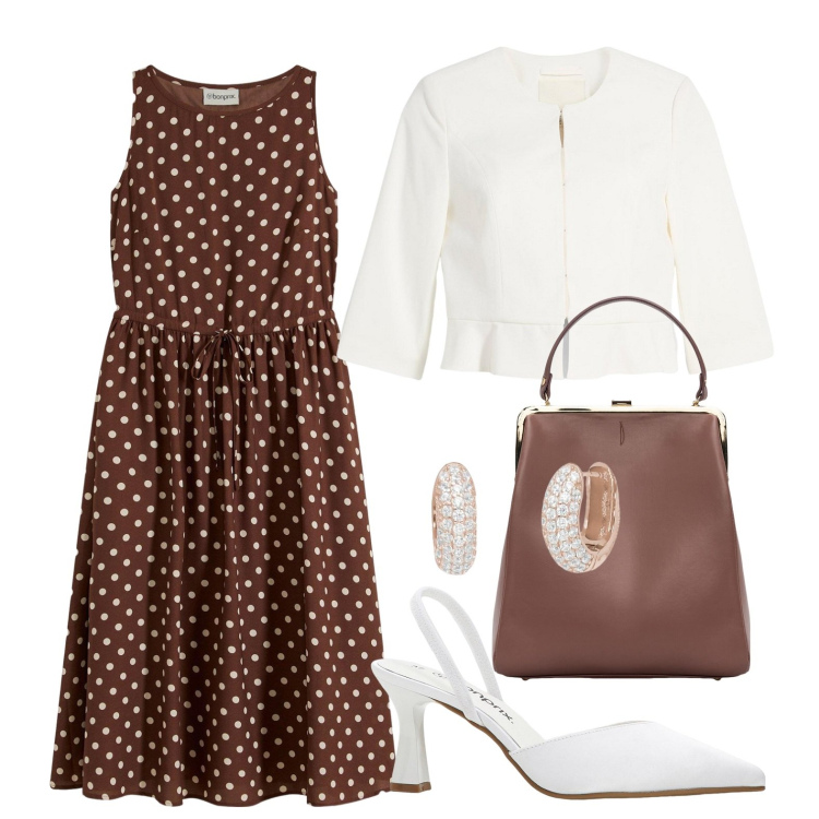 Outfit donna - Pois. Stile Vintage retrò per Cerimonia. Abbinamento con blazer, décolleté, vestiti midi/longuette, orecchini, borse a spalla.