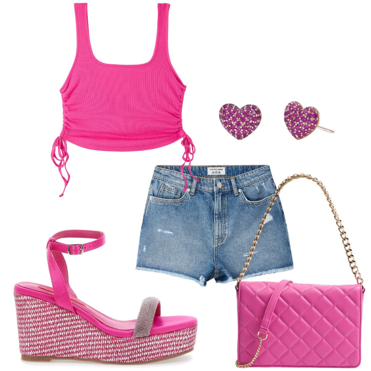 Outfit donna - Shorts e top. Stile Casual per Tutti i giorni. Abbinamento con canottiere, shorts, borse a tracolla, orecchini, zeppe.