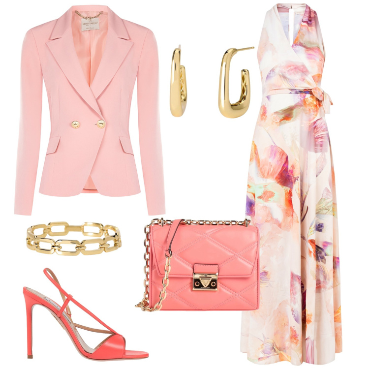 Outfit donna - Abito lungo floreale e corallo. Stile Chic per Cerimonia. Abbinamento con borse a tracolla, sandali in pelle, braccialetti, orecchini, vestiti lunghi, blazer.