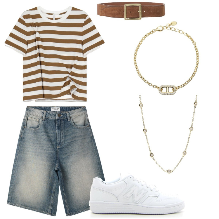 Outfit donna - Brown summer. Stile Casual per Tutti i giorni. Abbinamento con bermuda, braccialetti, collane, t-shirt, cinture, sneakers.
