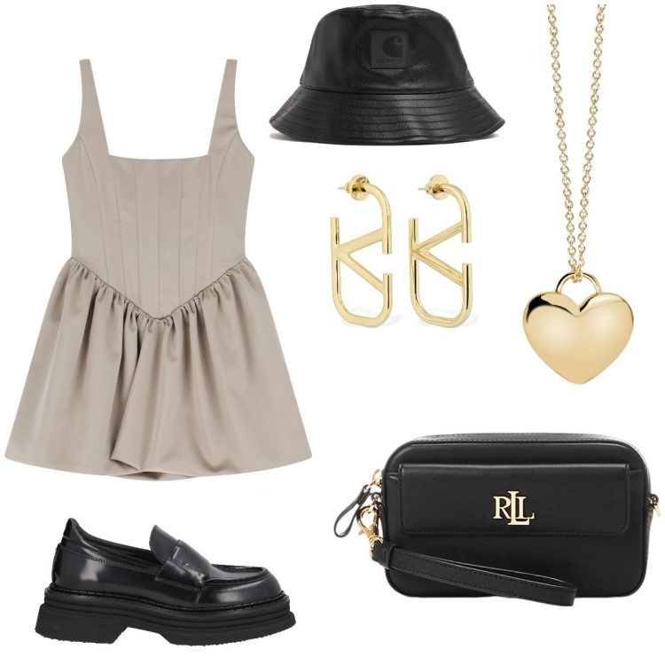 Outfit donna - Uscita chic. Stile Casual chic per Serata fuori. Abbinamento con mocassini, collane, vestiti corti, pochette, orecchini, cappelli.