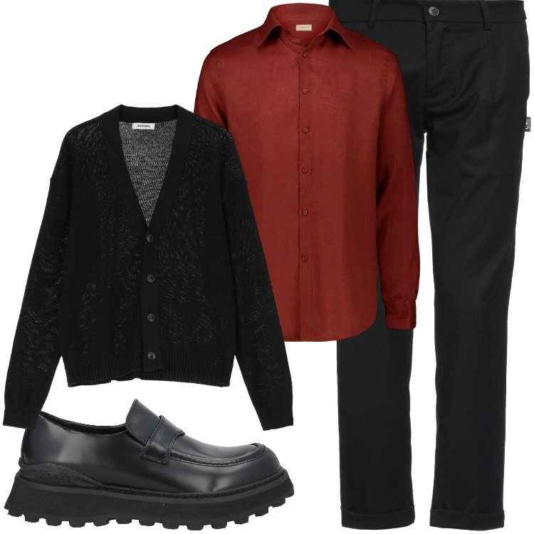 Outfit uomo - Dark business. Stile Biker Rock per Ufficio. Abbinamento con scarpe stringate, pantaloni, cardigans, camicie.