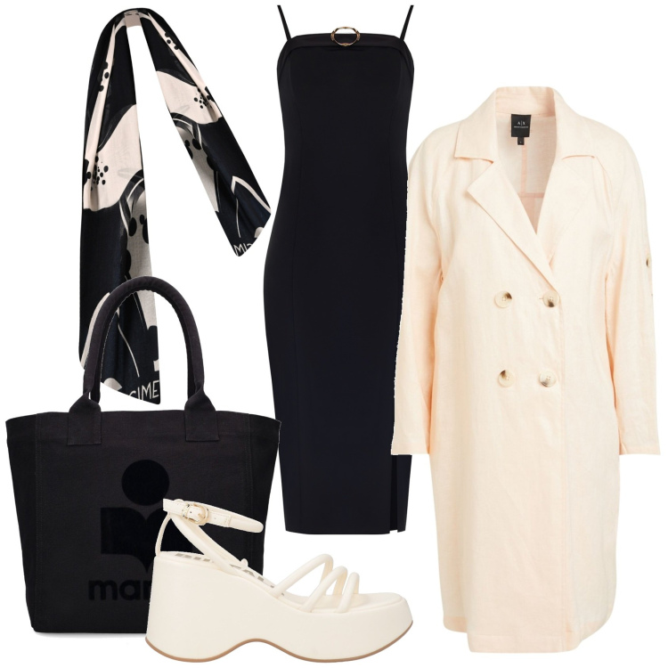 Outfit donna - Little black dress. Stile Glamour per Tutti i giorni. Abbinamento con sandali col tacco, trench, vestiti midi/longuette, sciarpe, shopping bag.
