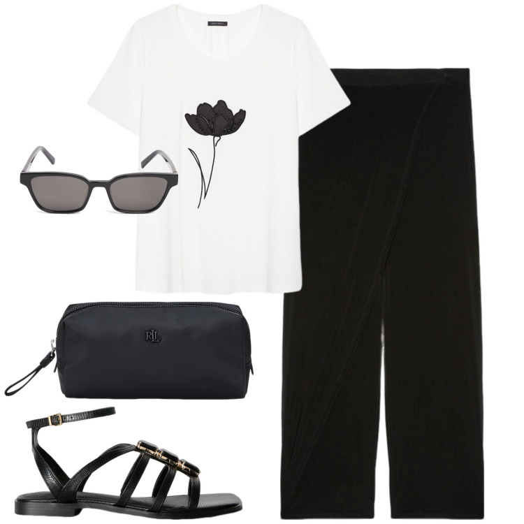 Outfit donna - City. Stile Urban per Tutti i giorni. Abbinamento con pochette, pantaloni, occhiali da sole, t-shirt, sandali gioiello.