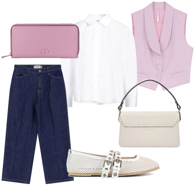 Outfit donna - Jeans e gilet. Stile Casual chic per Tutti i giorni. Abbinamento con camicie, jeans, gilet, ballerine, borse a tracolla, portafogli.