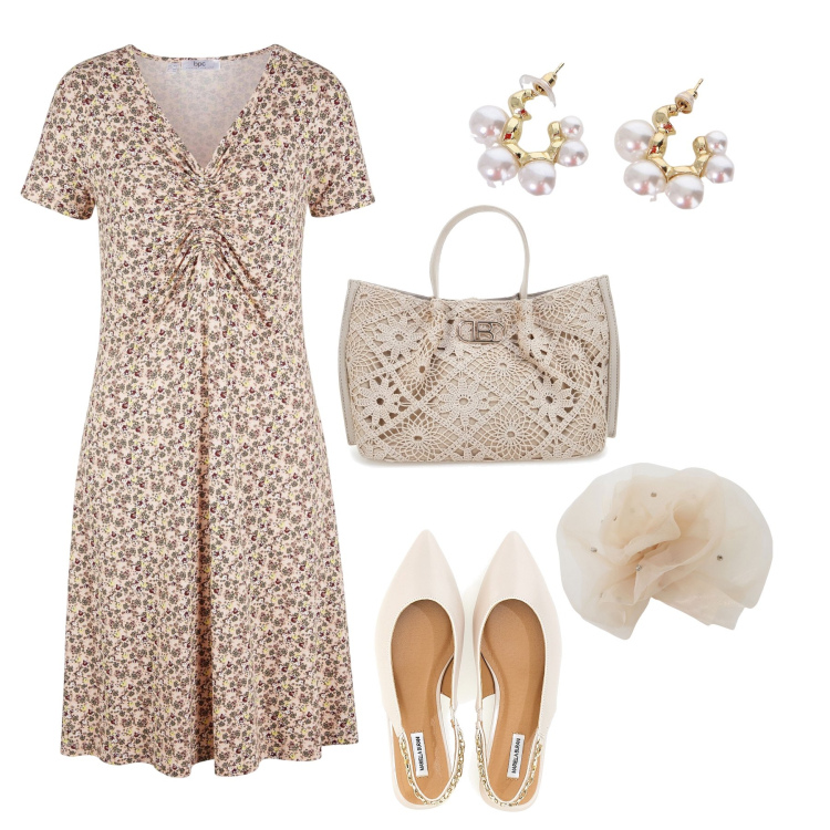 Outfit donna - Romantica in città. Stile Romantica per Tutti i giorni. Abbinamento con vestiti midi/longuette, orecchini, foulard, ballerine, borse a tracolla.