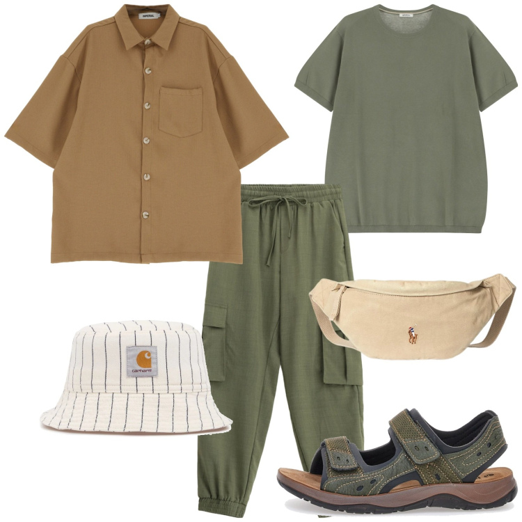 Outfit uomo - Urban safari. Stile Urban per Tutti i giorni. Abbinamento con t-shirt, camicie a manica corta, pantaloni cargo, borse sportive, sandali, cappelli.