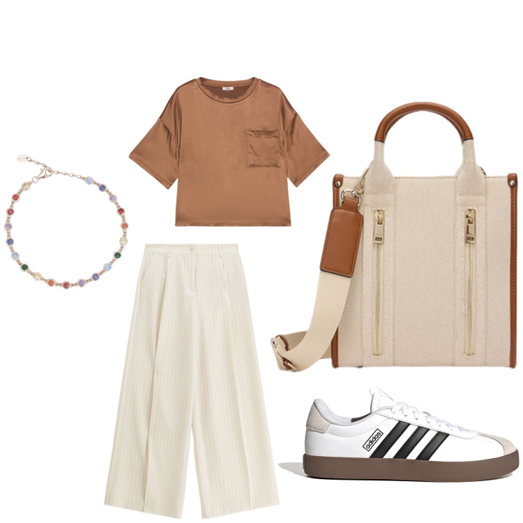 Outfit donna - Passeggiando in centro. Stile Casual per Tutti i giorni. Abbinamento con braccialetti, pantaloni a palazzo, borse tote, bluse, sneakers.